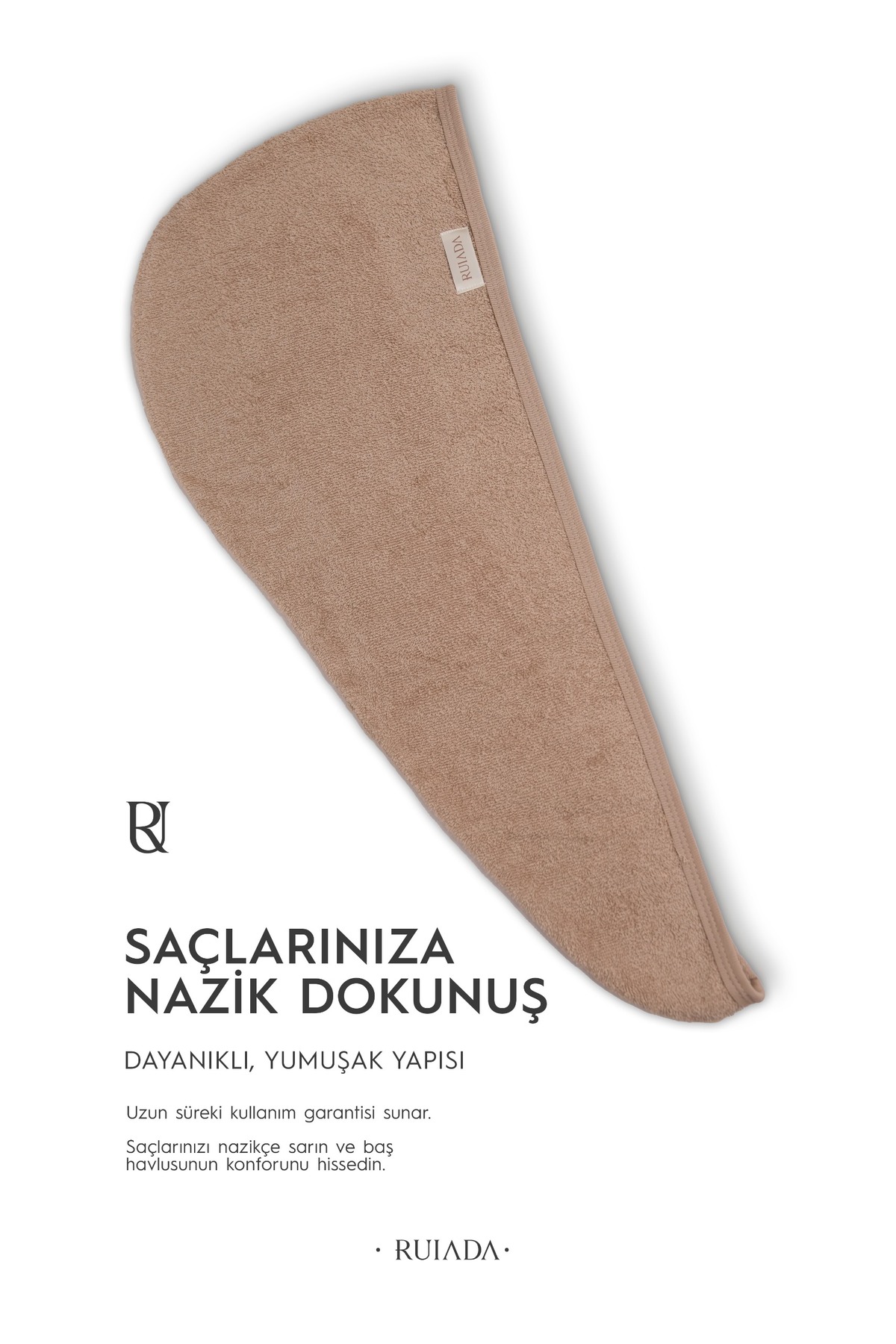 RU RUIADA %100 Pamuk Saç Kurutma Bonesi/Havlusu Lastikli ve Düğmeli Brown - Görsel 2