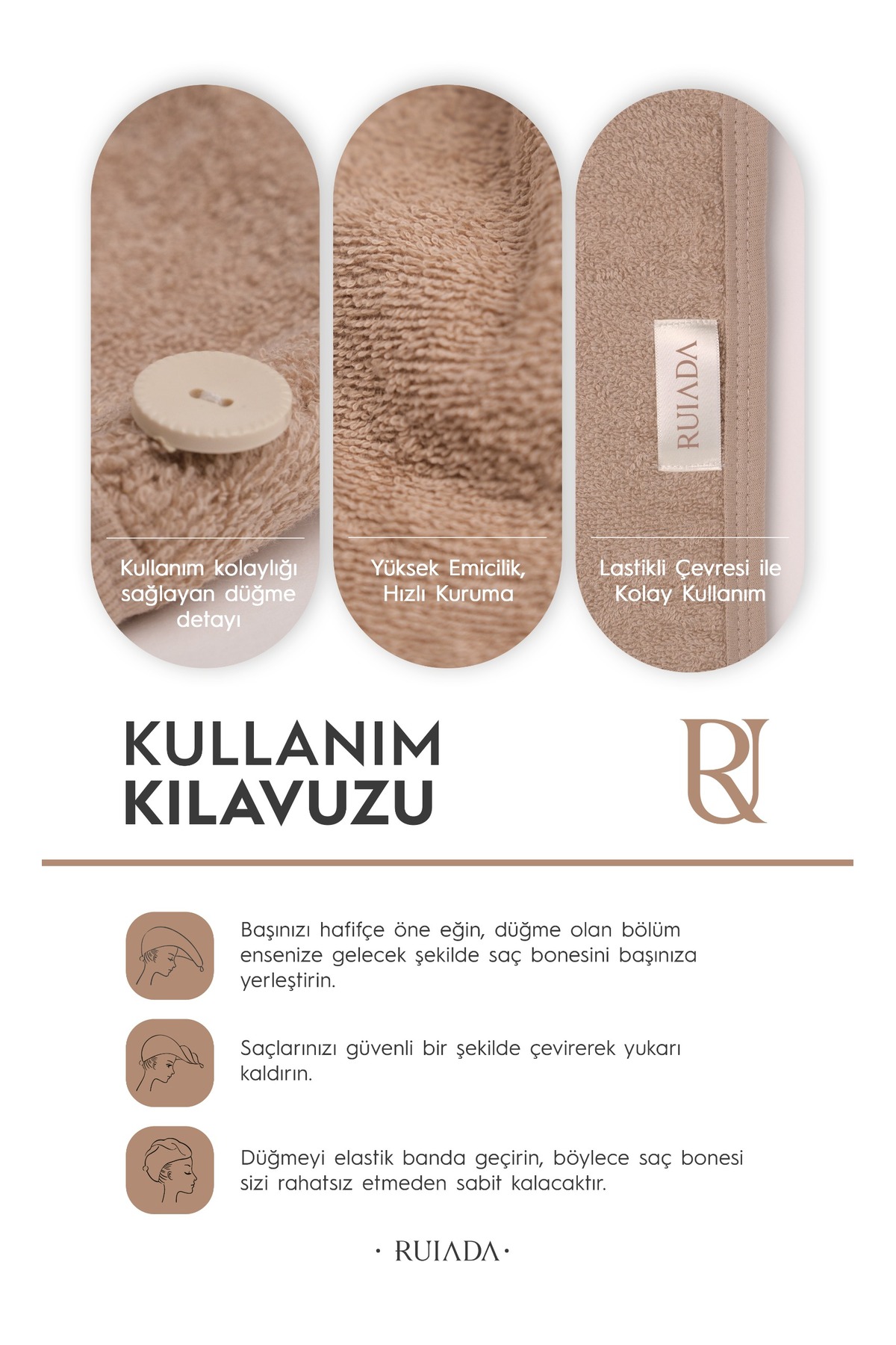 RU RUIADA %100 Pamuk Saç Kurutma Bonesi/Havlusu Lastikli ve Düğmeli Brown - Görsel 3