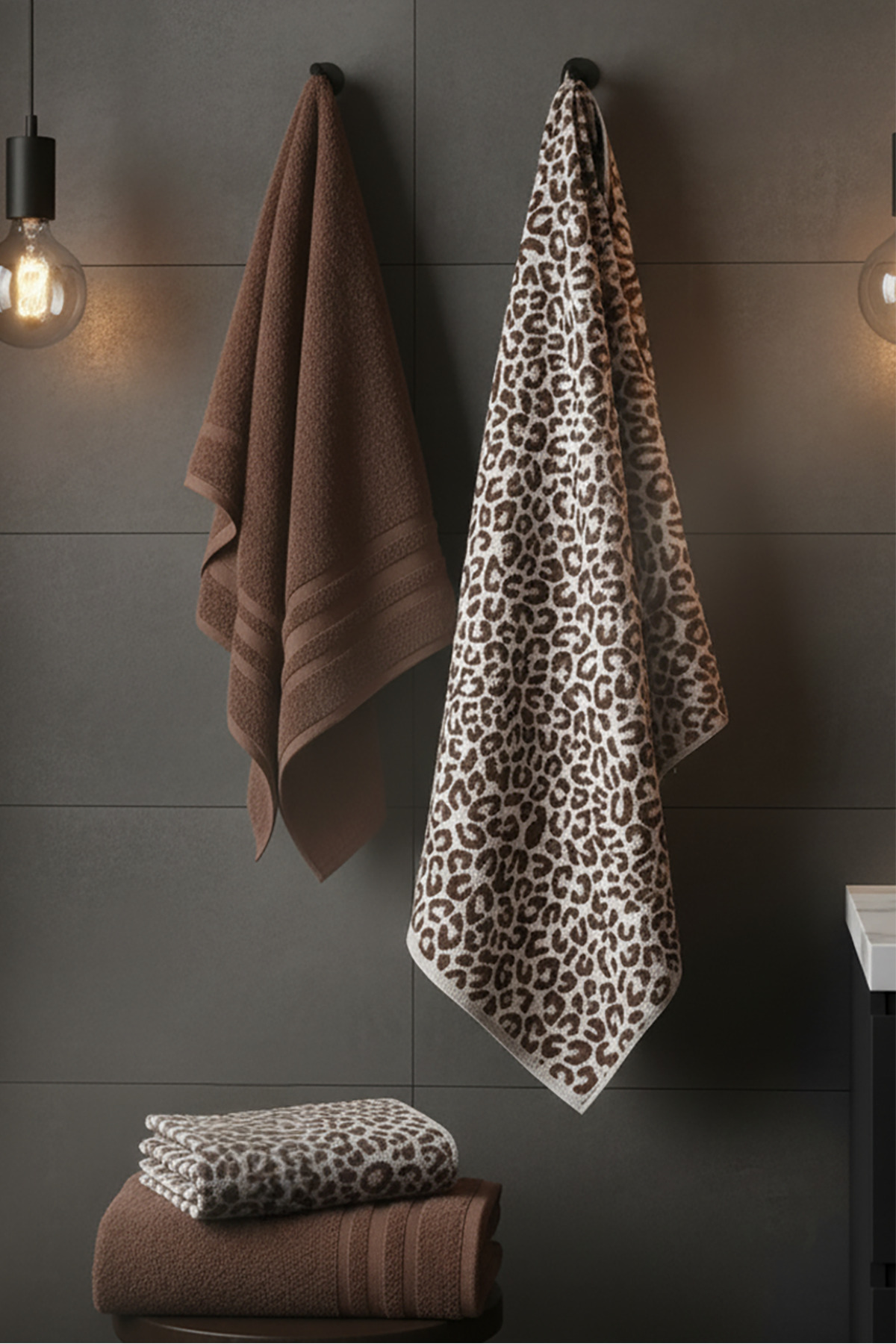 My Catherine 4 Parça Lüks Banyo Havlu Seti (2 Adet 70x140cm & 2 Adet 50x90cm) | Leopar Desenli Hamam Takımı