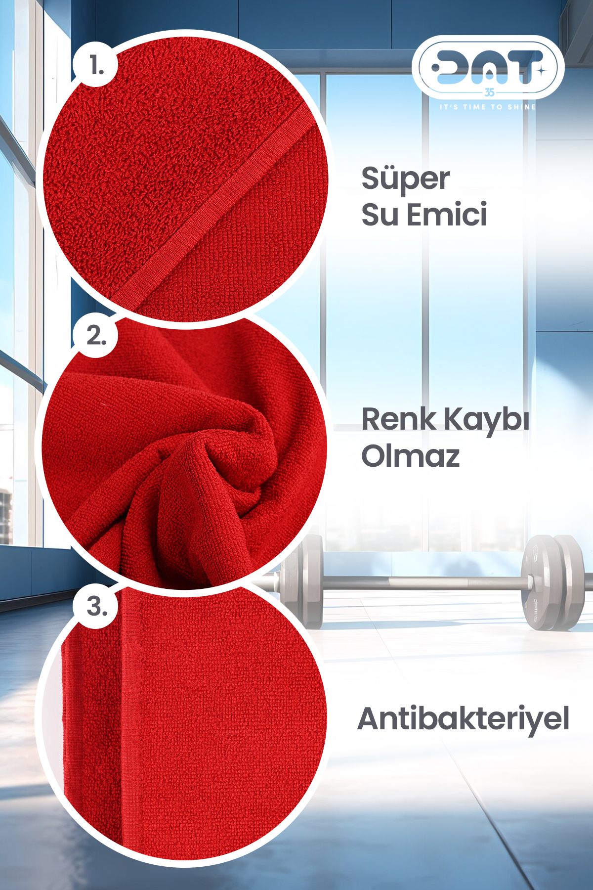 DAT35 Mikrofiber Sporcu Havlusu 48x90 cm Kırmızı Gym Fitness Hızlı Kuruyan Havlu - Görsel 2