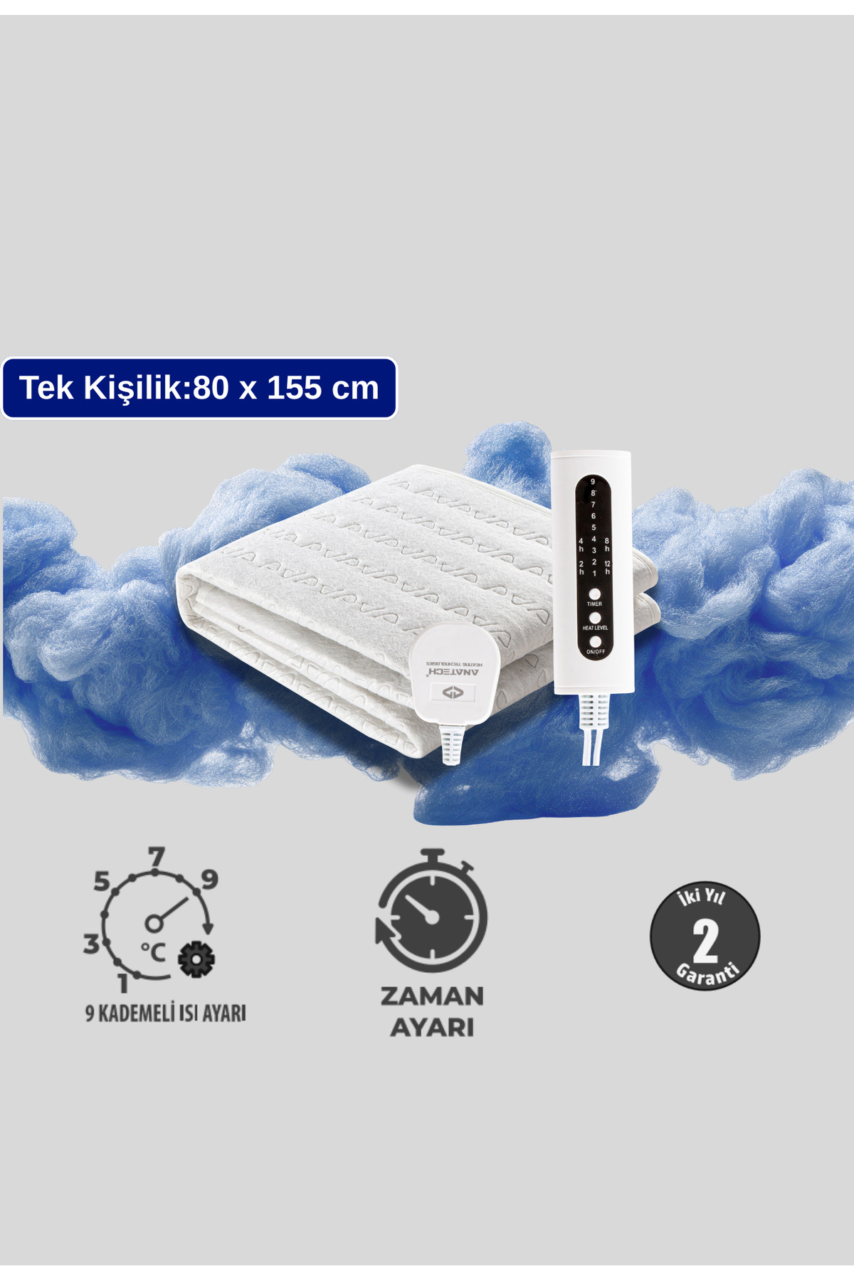 GREJ Q'Slimtime- Yeni Seri Tek Kişilik Elektrikli Alt Battaniye - 80x155 cm - 9 Kademe/Zaman Ayarlı