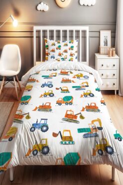 EVPANYA Çalışkan Makineler Desenli Tek Kişilik Bebek Çocuk Nevresim Seti