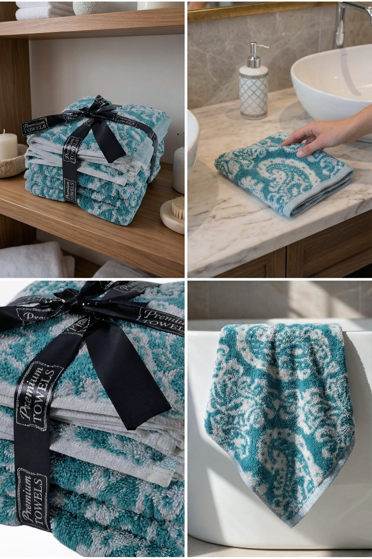 Arte Cotone Premium Turkuaz Desenli El Havlusu 6'lı Set | 35x35 - Görsel 2