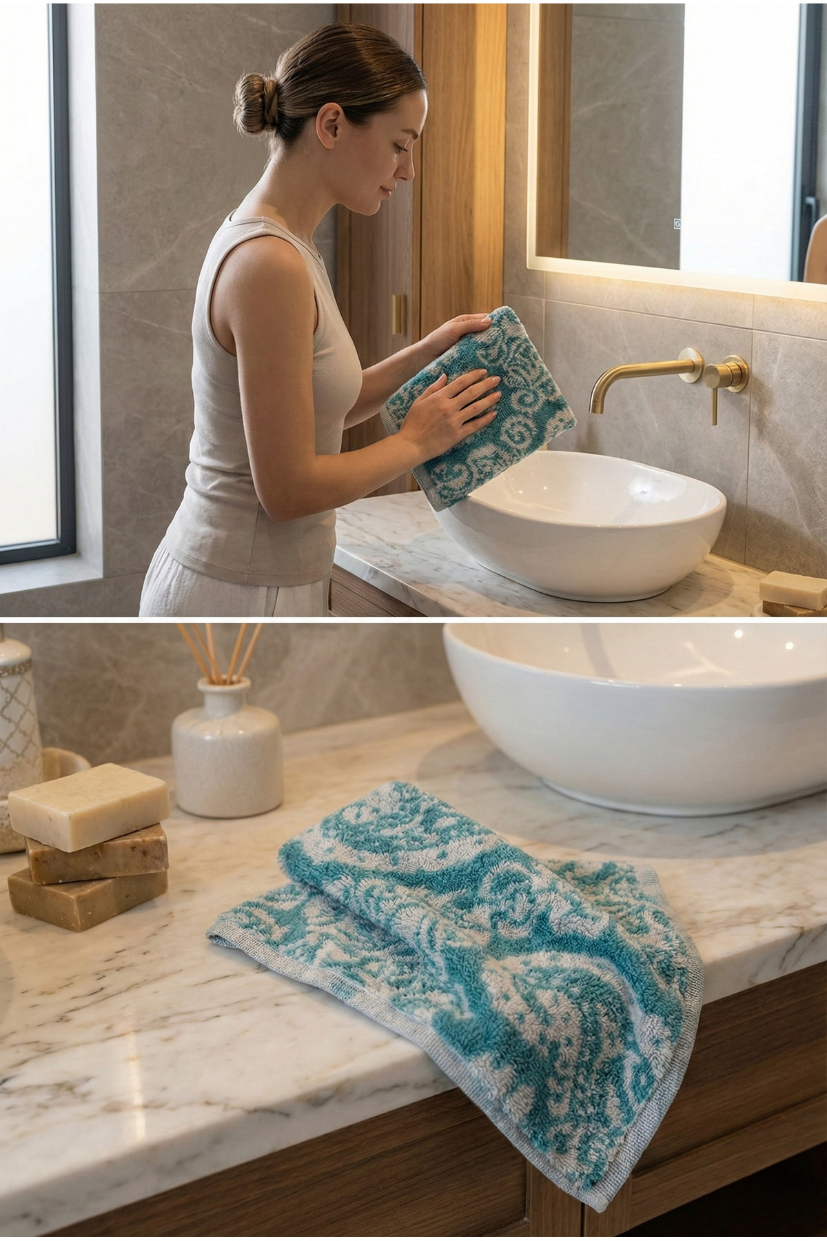 Arte Cotone Premium Turkuaz Desenli El Havlusu 6'lı Set | 35x35 - Görsel 3