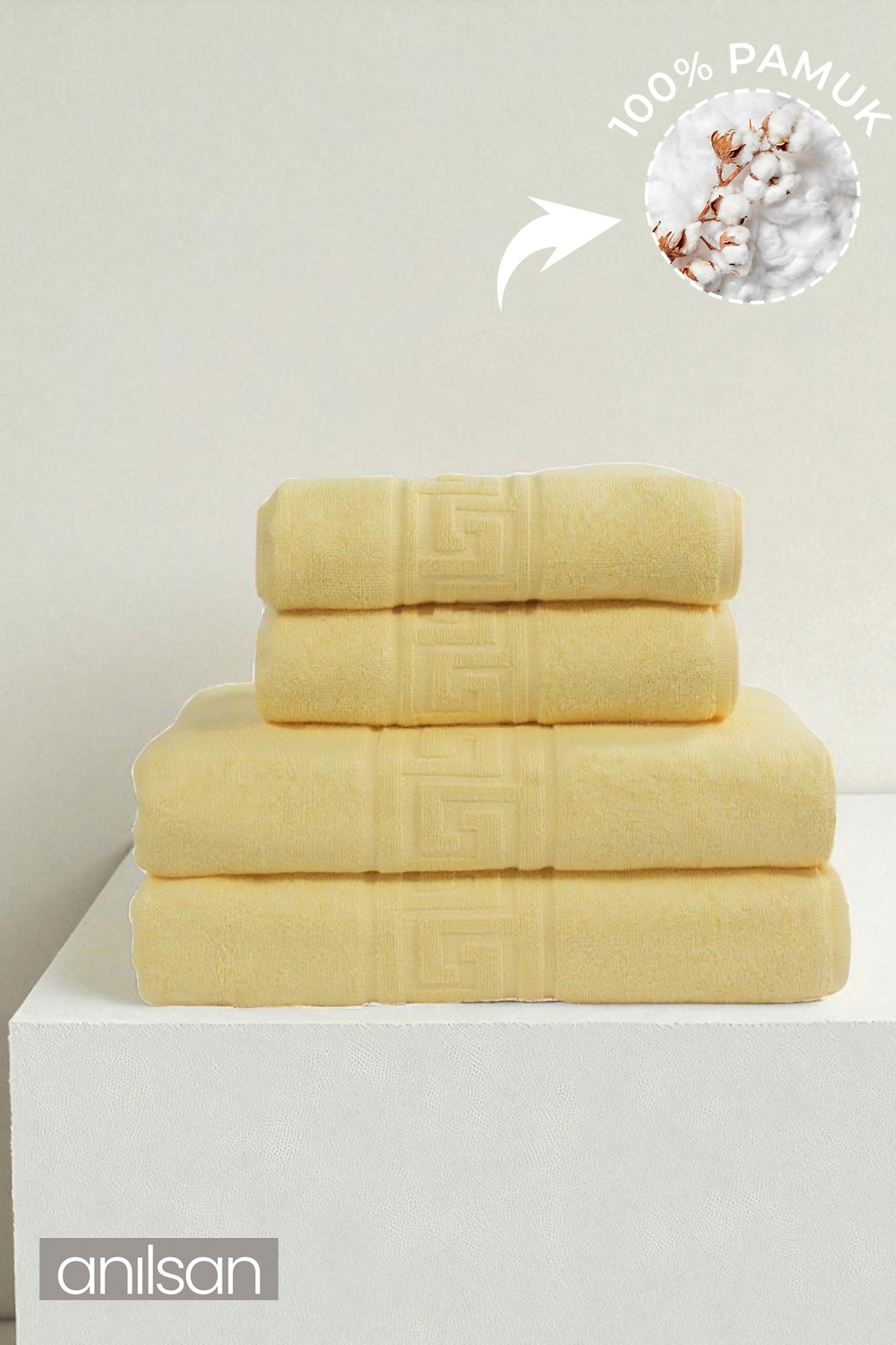 Anılsan 4'lü Mavi Greek Havlu Set %100Pamuk - 2 Adet El Havlusu 50x90 ve 2 Adet Banyo Havlusu 70x140