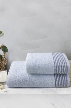 erteks HAVLU SETİ BANYO VE EL YÜZ HAVLUSU MAVİ RENGİ BORDÜRÜ DESENLİ 1. KALİTE PAMUKLU