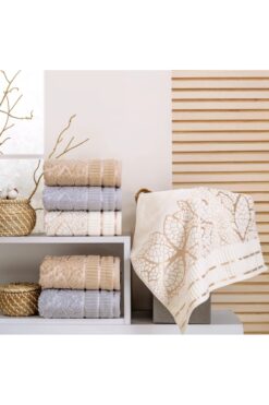 Nurpak Kadife Jakarlı Yaprak Desenli 6 Adet 50x90 cm El Yüz Havlusu Gri-Kahve-Bej