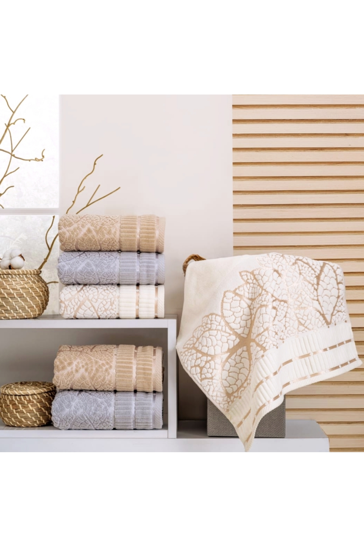 Nurpak Kadife Jakarlı Yaprak Desenli 6 Adet 50x90 cm El Yüz Havlusu Gri-Kahve-Bej