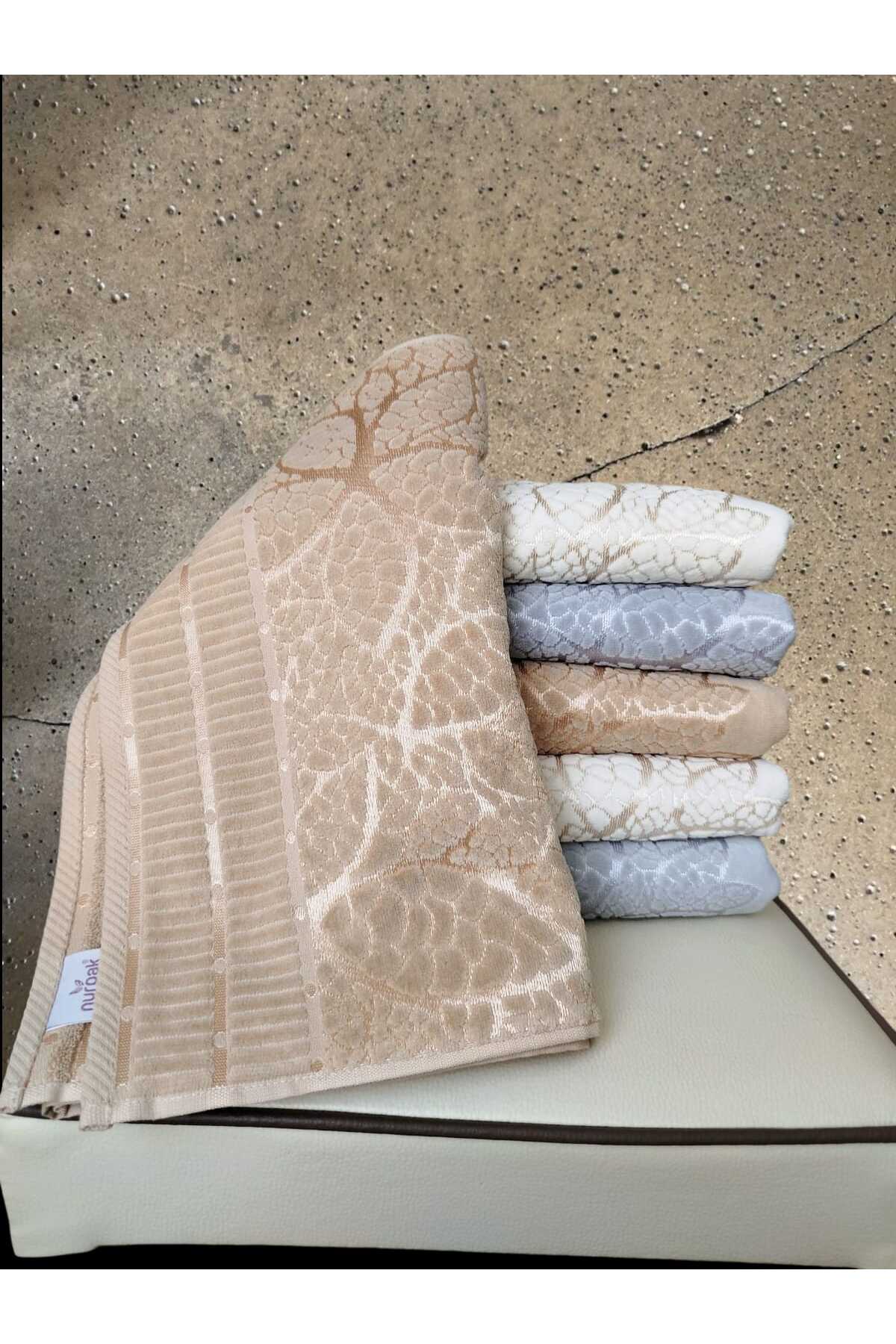 Nurpak Kadife Jakarlı Yaprak Desenli 6 Adet 50x90 cm El Yüz Havlusu Gri-Kahve-Bej - Görsel 2