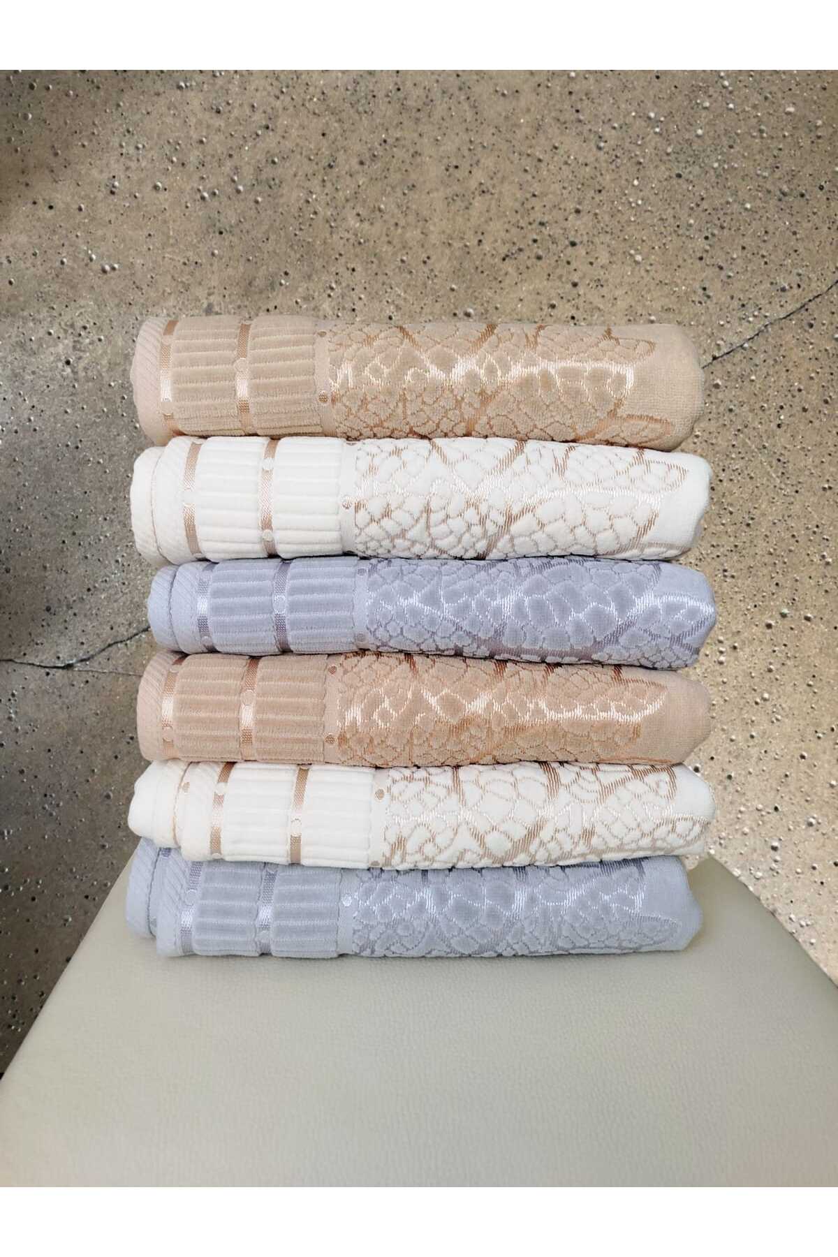 Nurpak Kadife Jakarlı Yaprak Desenli 6 Adet 50x90 cm El Yüz Havlusu Gri-Kahve-Bej - Görsel 3