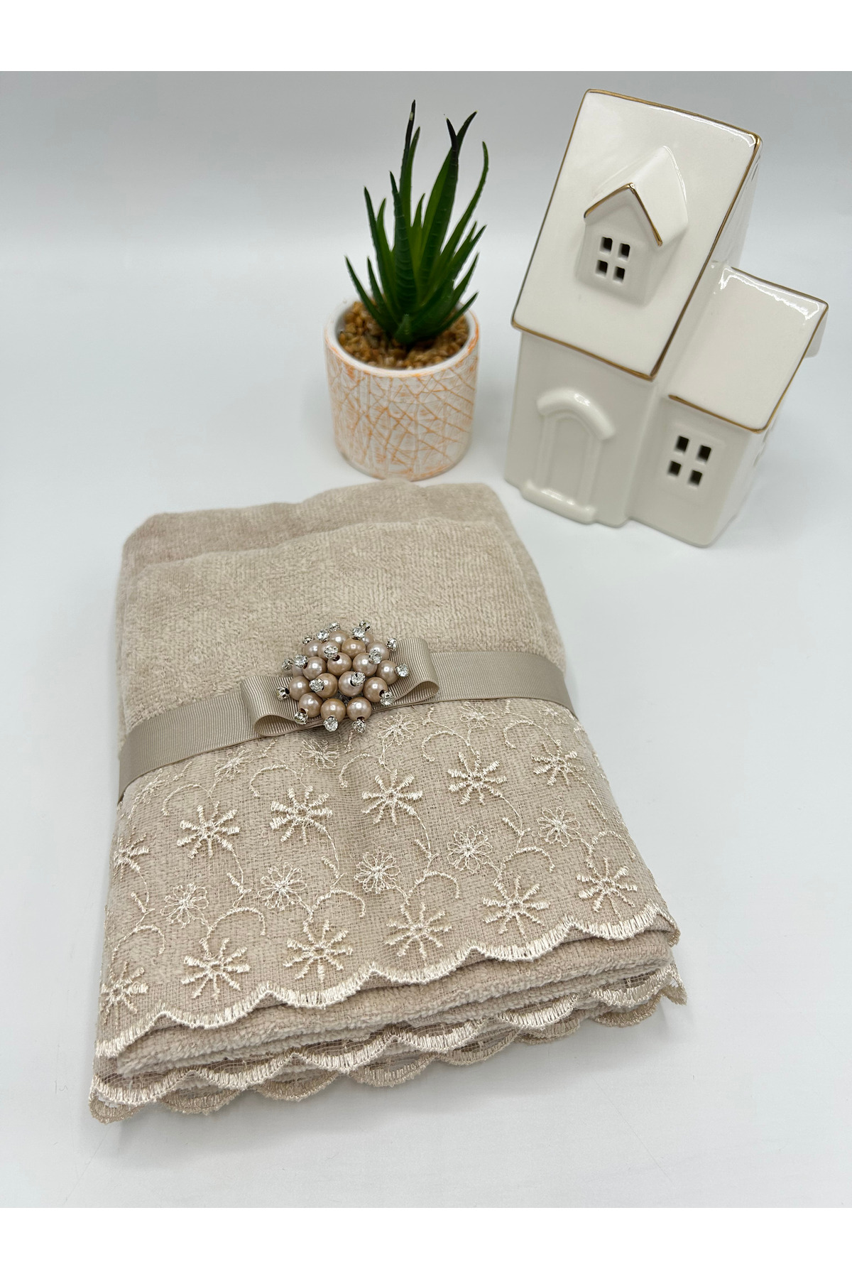 LenaToptan Vizon 2'li Güpürlü Dantelli 30x50 ve 50x90 cm Havlu Seti ( Bohçalık - Çeyizlik - Hediyelik ) - Görsel 2