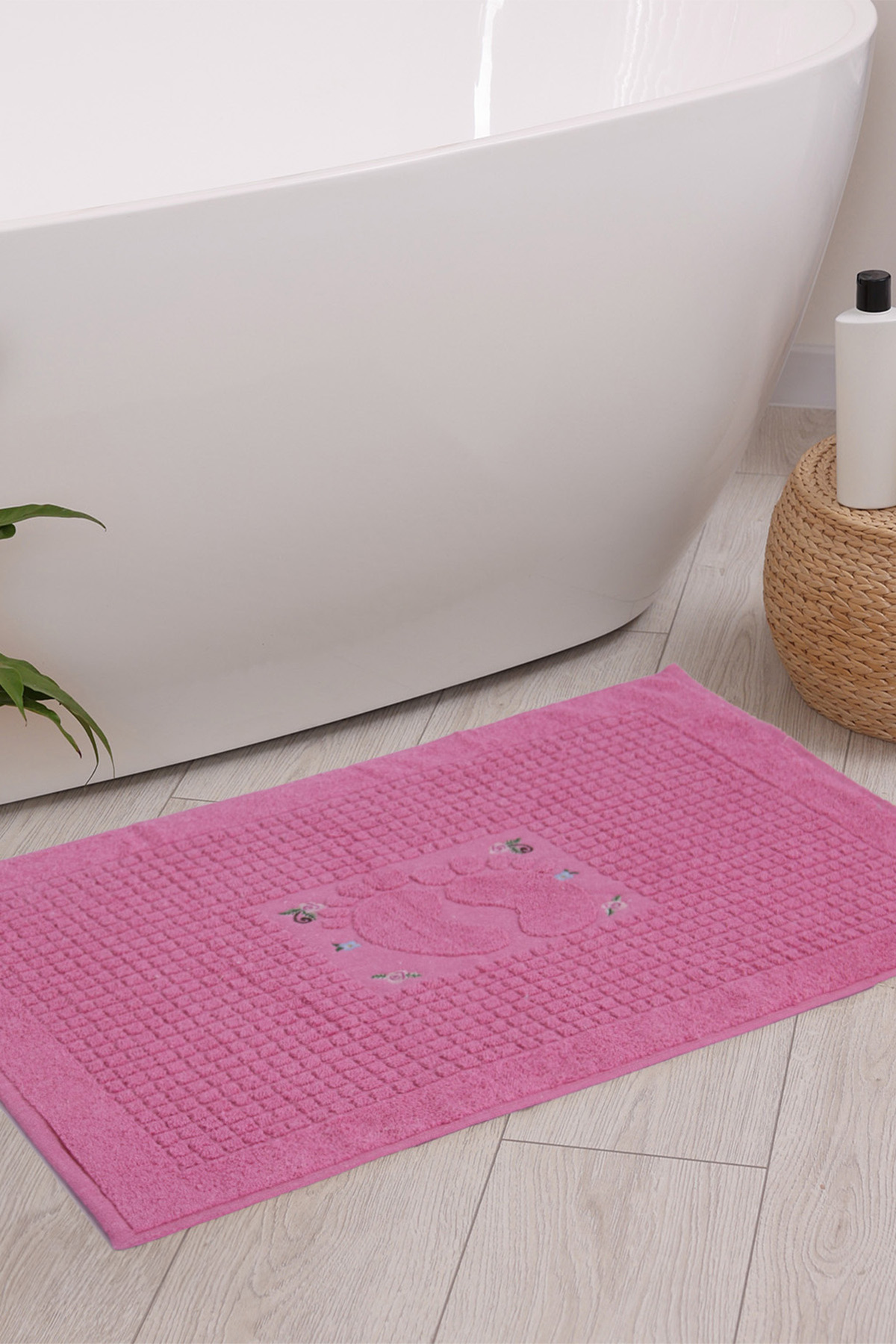 Homedius Banyo Çiçekli Pamuklu Ayak Havlusu 50x70cm Pembe 2'li - Görsel 3