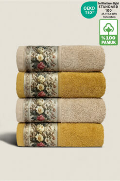 Ellaline FIORE 4'lü Havlu Seti %100 Pamuk Sertifikalı, Çiçek Desenli El / Yüz / Mutfak Havlusu 50x90cm