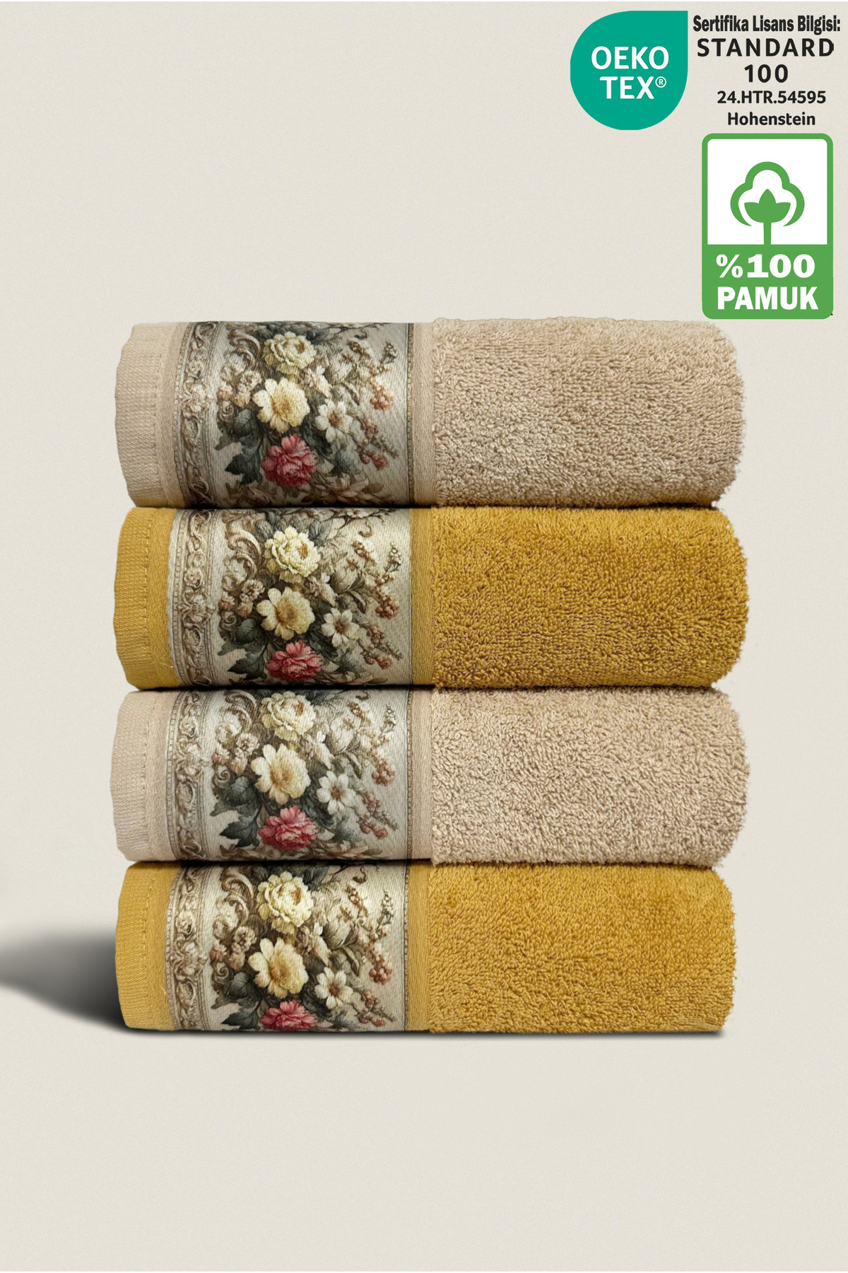 Ellaline FIORE 4'lü Havlu Seti %100 Pamuk Sertifikalı, Çiçek Desenli El / Yüz / Mutfak Havlusu 50x90cm