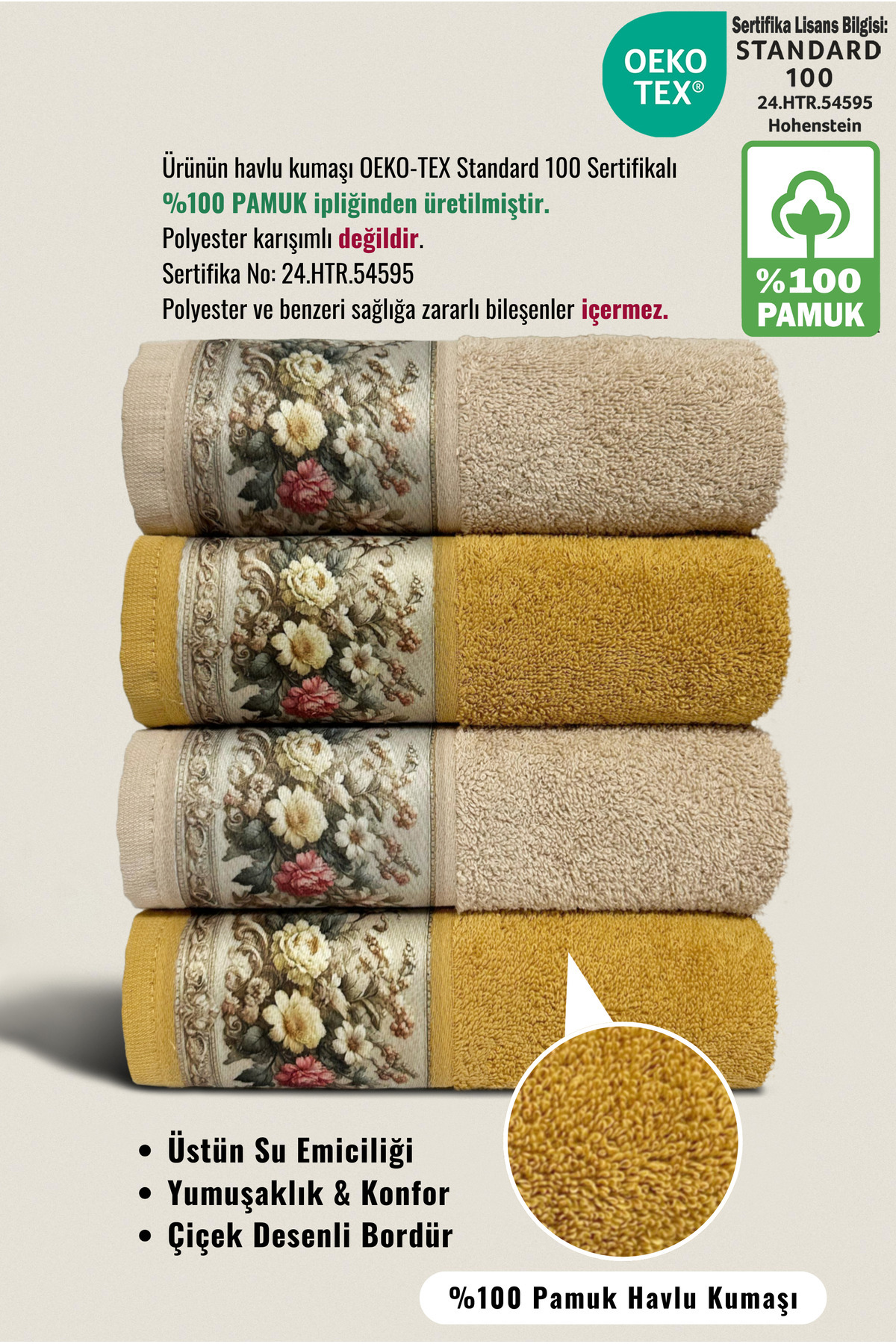 Ellaline FIORE 4'lü Havlu Seti %100 Pamuk Sertifikalı, Çiçek Desenli El / Yüz / Mutfak Havlusu 50x90cm - Görsel 2