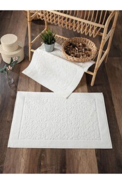 Sevim %100 Pamuklu & Yumuşak 2'li Ayak Havlusu - Ekru Renk & Damask Desen Su Emici Havlu Seti - 50x70 Cm