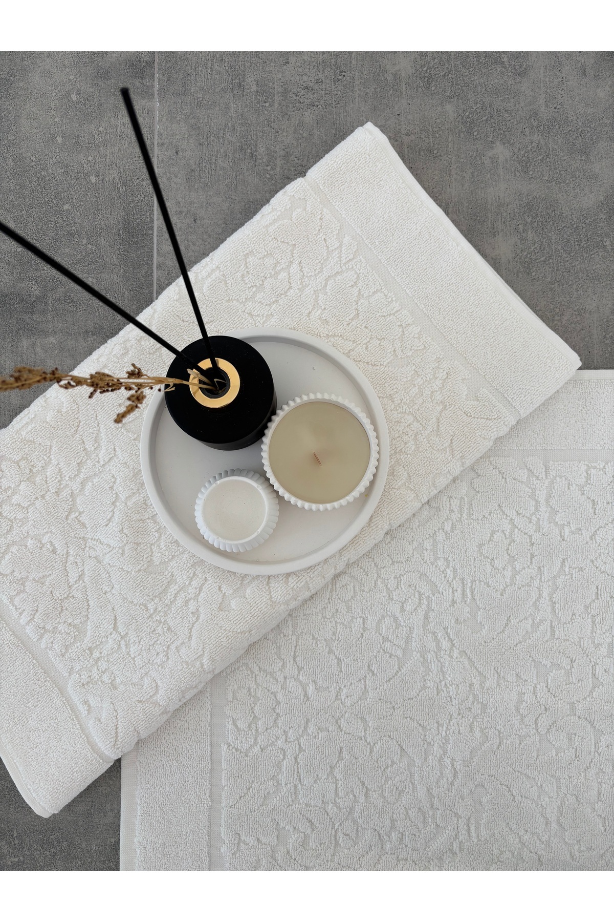 Sevim %100 Pamuklu & Yumuşak 2'li Ayak Havlusu - Ekru Renk & Damask Desen Su Emici Havlu Seti - 50x70 Cm - Görsel 2