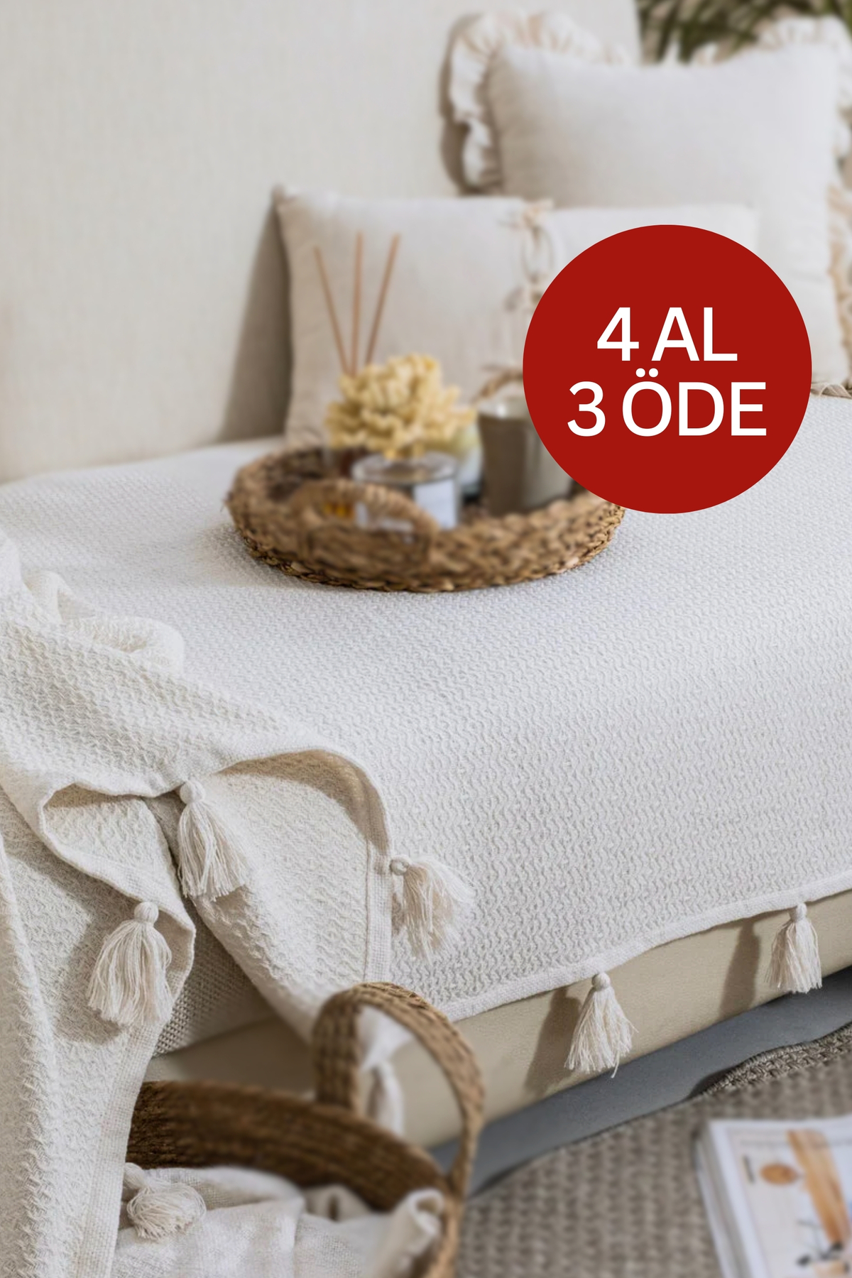 Lux Touch Lavi Ponponlu Ekru Koltuk Örtüsü 115 x 200 cm Kanepe Divan Çekyat Berjer Örtüsü Şalı Püsküllü