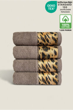 Ellaline 4'lü Leopar Havlu Seti %100 Pamuk Sertifikalı, El / Yüz / Mutfak Havlusu 50x90cm Kahverengi