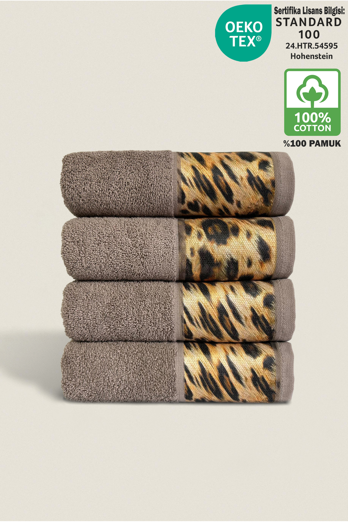 Ellaline 4'lü Leopar Havlu Seti %100 Pamuk Sertifikalı, El / Yüz / Mutfak Havlusu 50x90cm Kahverengi