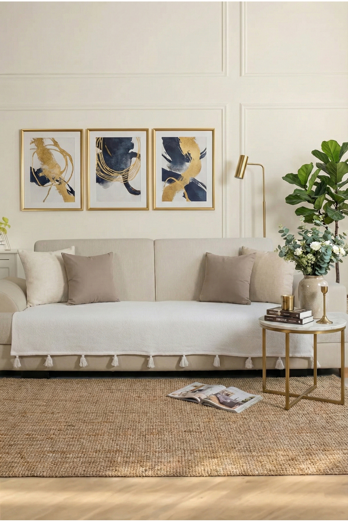 Lux Touch Lavi Ponponlu Ekru Koltuk Örtüsü 115 x 200 cm Kanepe Divan Çekyat Berjer Örtüsü Şalı Püsküllü - Görsel 2