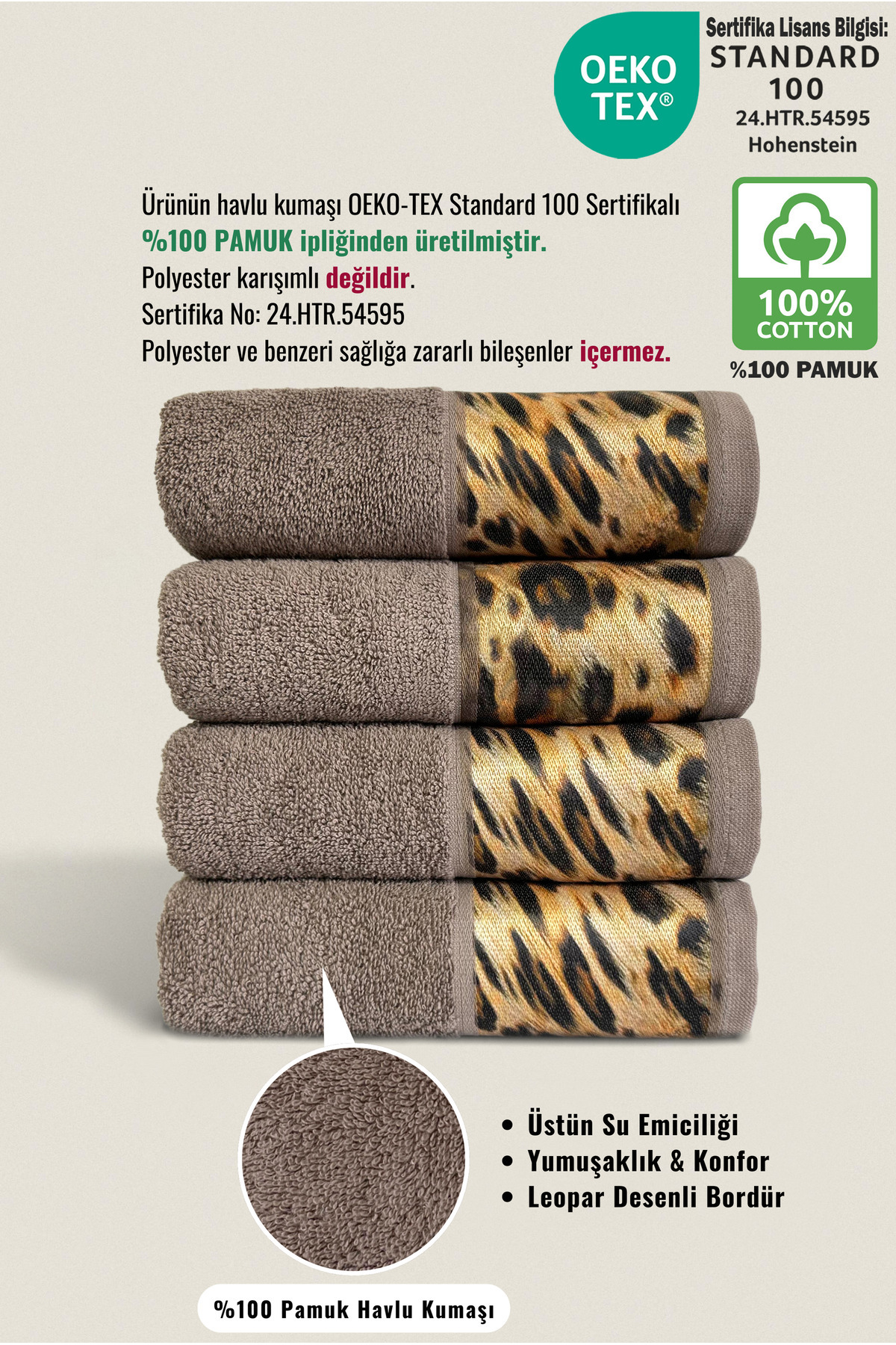 Ellaline 4'lü Leopar Havlu Seti %100 Pamuk Sertifikalı, El / Yüz / Mutfak Havlusu 50x90cm Kahverengi - Görsel 2