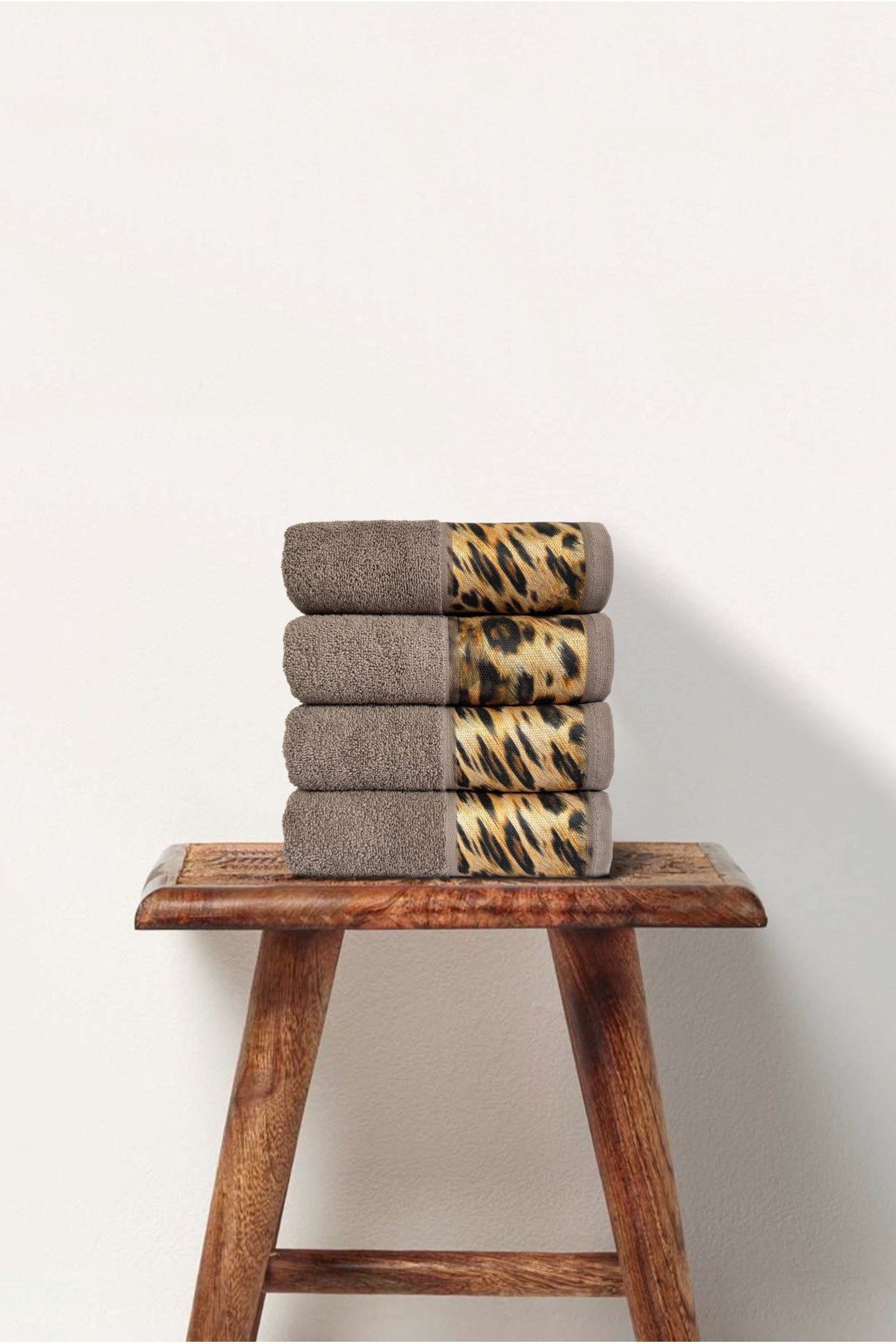 Ellaline 4'lü Leopar Havlu Seti %100 Pamuk Sertifikalı, El / Yüz / Mutfak Havlusu 50x90cm Kahverengi - Görsel 3