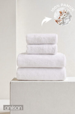Anılsan 4'lü Düz Beyaz Havlu Set %100 Pamuk - 2 Adet El Havlusu 50x90 ve 2 Adet Banyo Havlusu 70x140