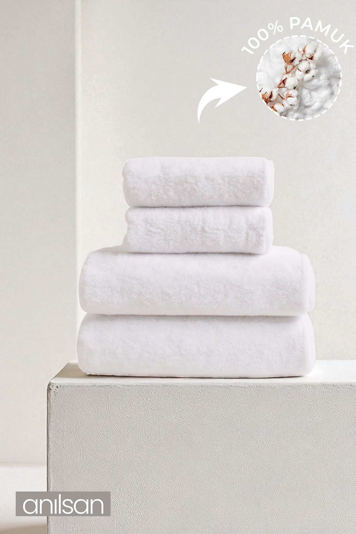Anılsan 4'lü Düz Beyaz Havlu Set %100 Pamuk - 2 Adet El Havlusu 50x90 ve 2 Adet Banyo Havlusu 70x140
