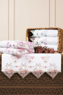 Durul Kadife Lüks Nakışlı Gipürlü Çeyizlik El Havlusu 6 Lı Paket