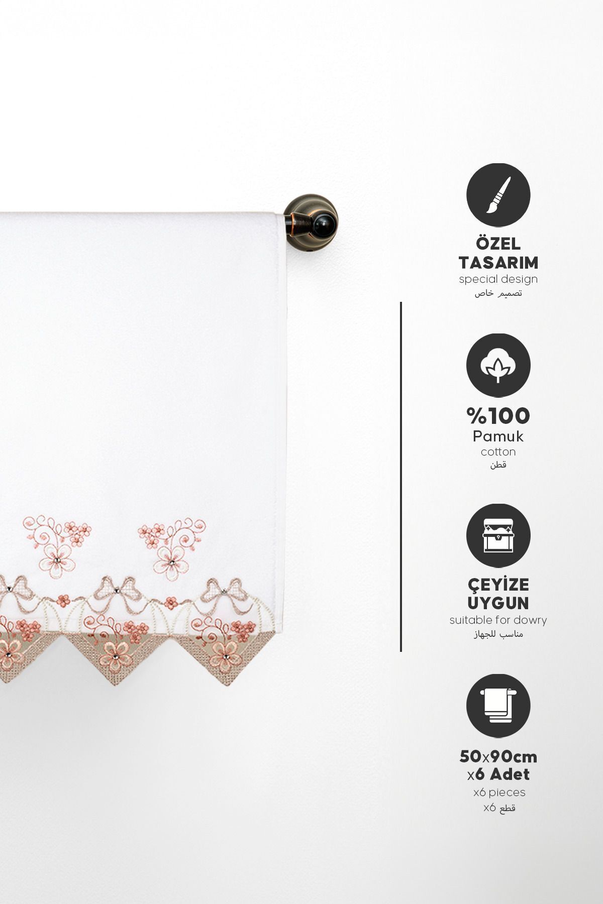 Durul Kadife Lüks Nakışlı Gipürlü Çeyizlik El Havlusu 6 Lı Paket - Görsel 3