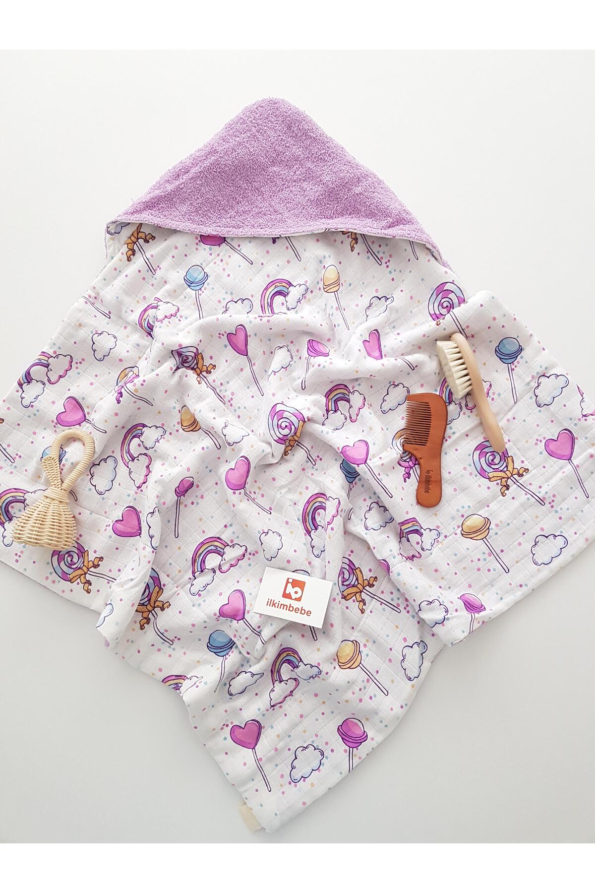ib ilkimbebe Lolipoplu Müslinli Çift Taraflı Kundak Bebek Havlusu 80x80