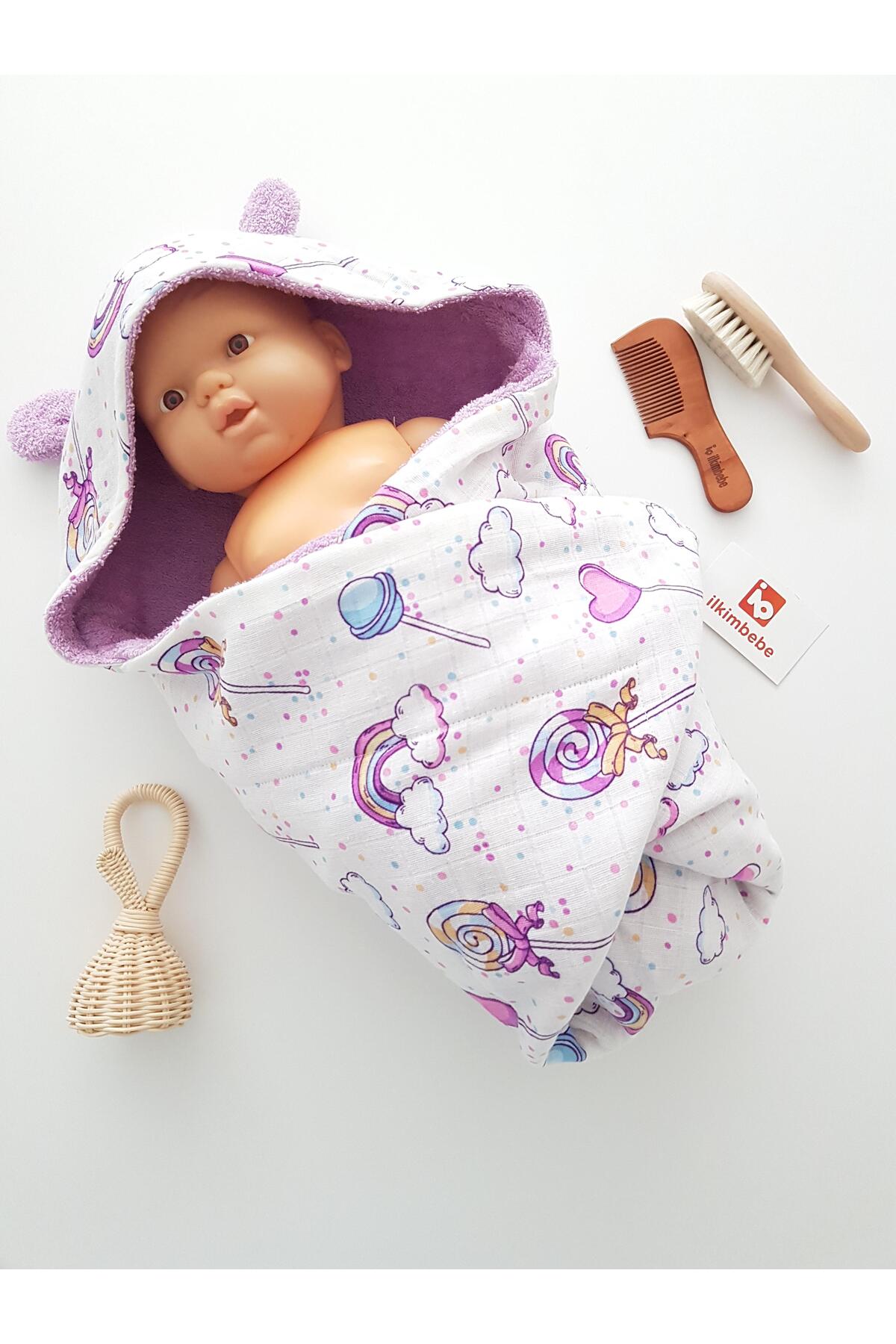 ib ilkimbebe Lolipoplu Müslinli Çift Taraflı Kundak Bebek Havlusu 80x80 - Görsel 2