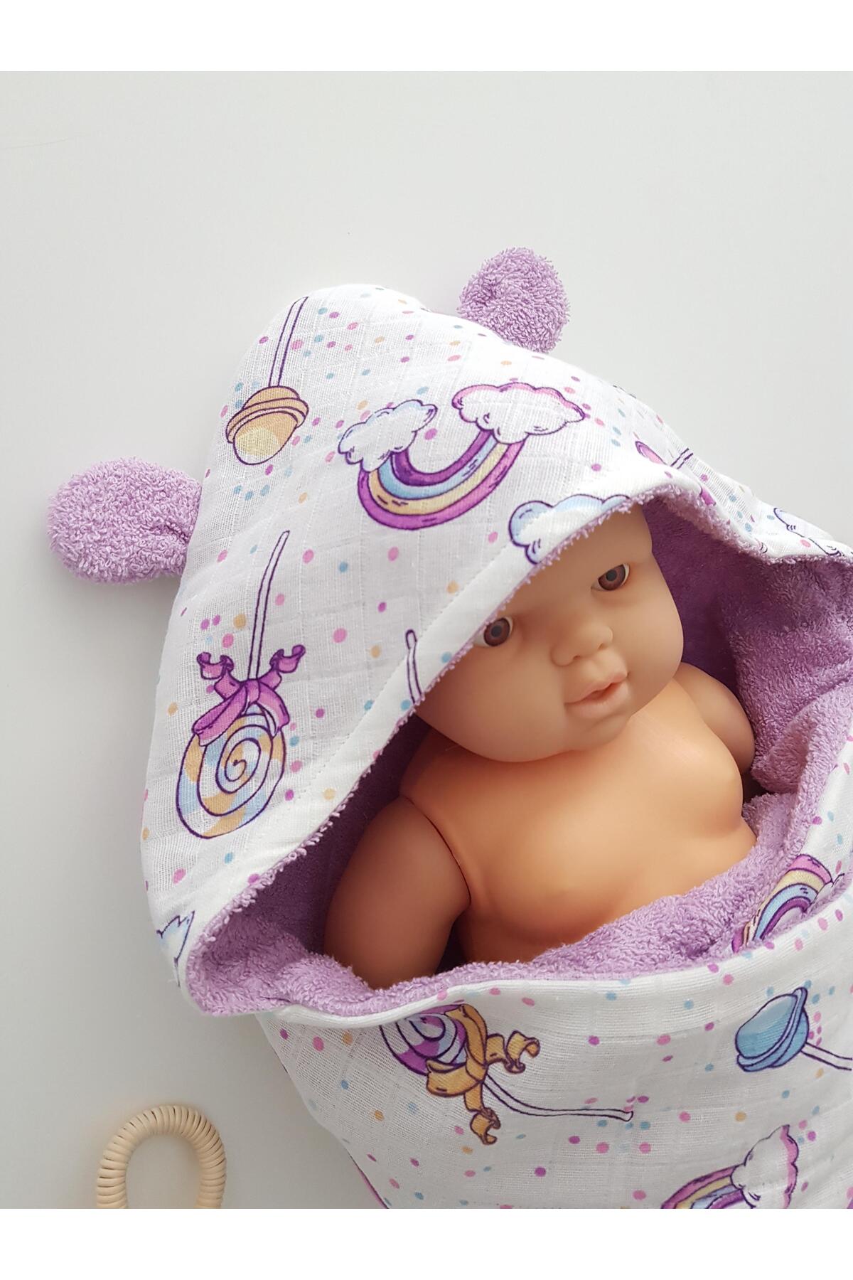 ib ilkimbebe Lolipoplu Müslinli Çift Taraflı Kundak Bebek Havlusu 80x80 - Görsel 3