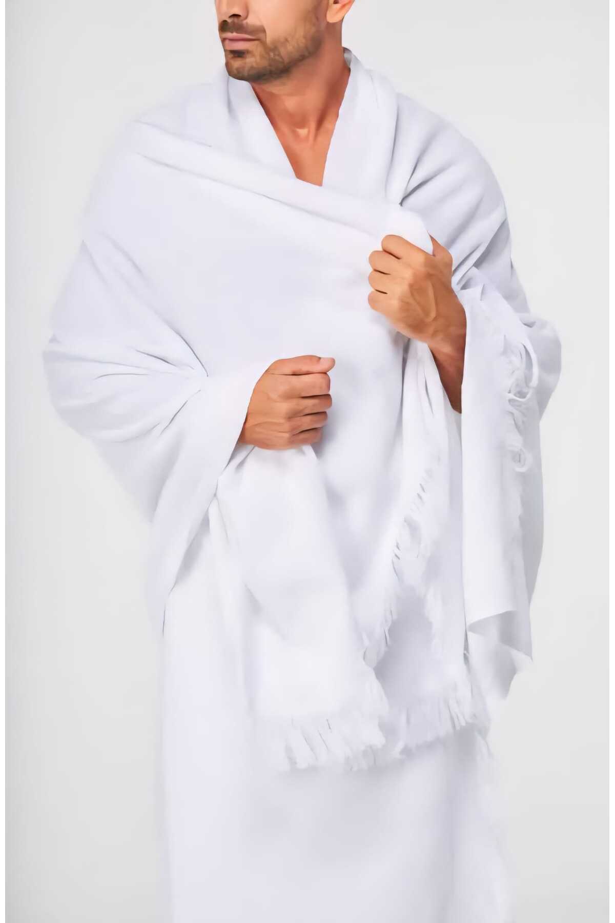 Genel Markalar Lüks Erkek Hac Umre İhram Takımı 110x210 cm - 1400Gr Yumuşak Beyaz Pamuk (İç Göstermez&Çantalı)