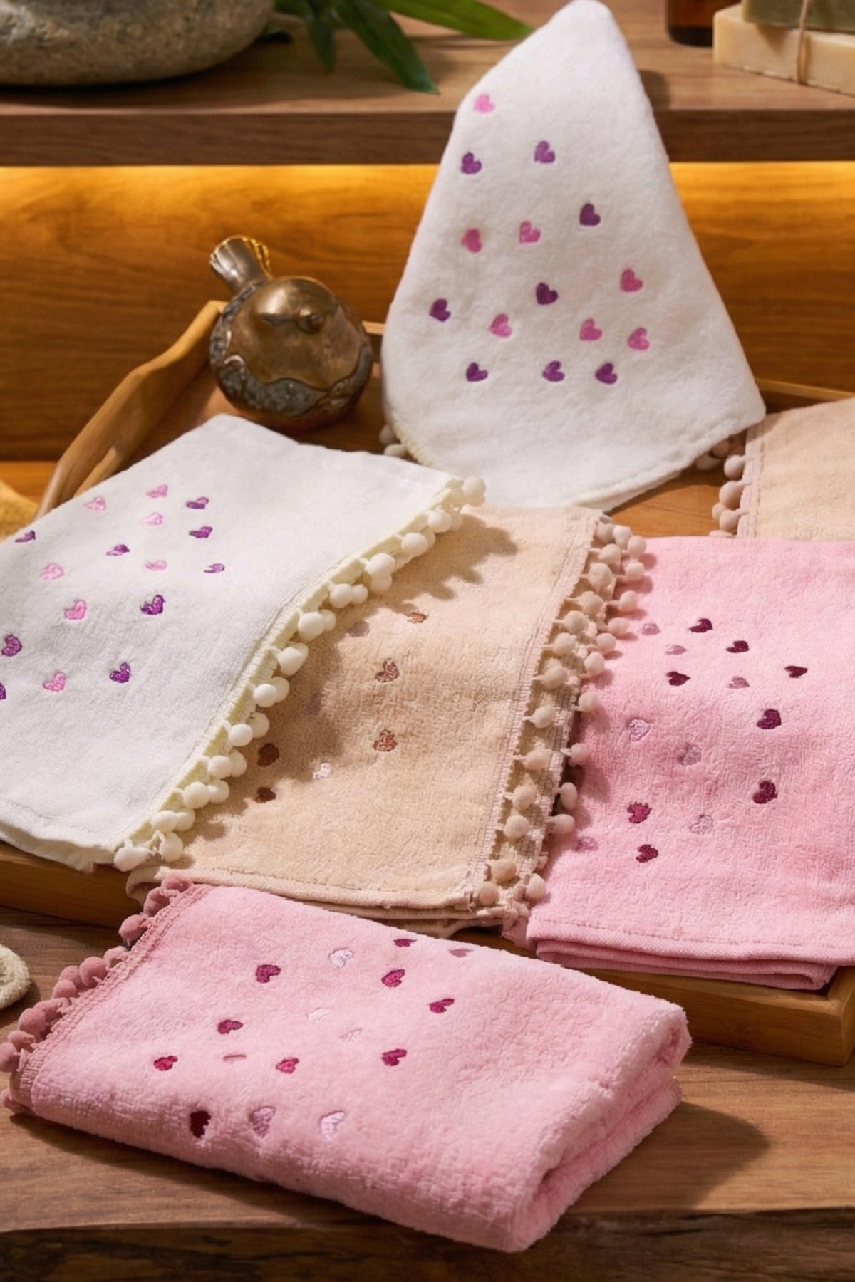 Çeyizim 6'lı Ponponlu ve Kalpli 30x50 Havlu Seti | Premium, Çeyizlik, Yumuşak, Mutfak - El Havlusu - Görsel 2
