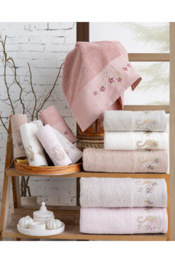 Hazangülü Buldan Üretimi Çeyizlik Nakışlı Kuğu Pamuk 6'lı El/Yüz Havlusu I 50x90