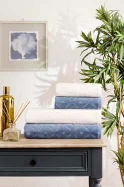 Özdilek Mayra Kadife Havlu Seti İndigo -Krem