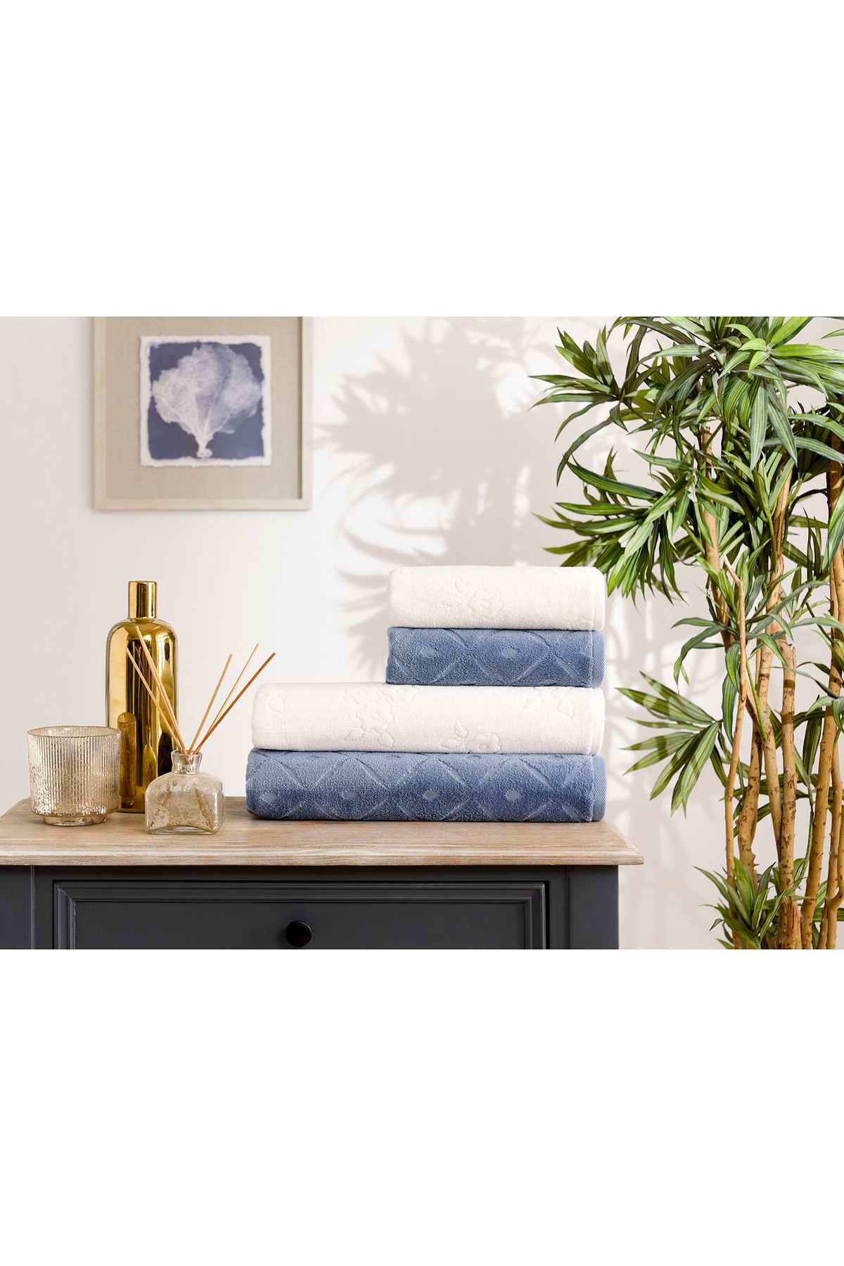 Özdilek Mayra Kadife Havlu Seti İndigo -Krem - Görsel 2