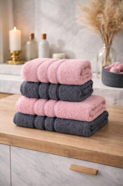 ELY PARKER 4'lü Pamuklu Banyo Havlu Seti Pembe-Antrasit