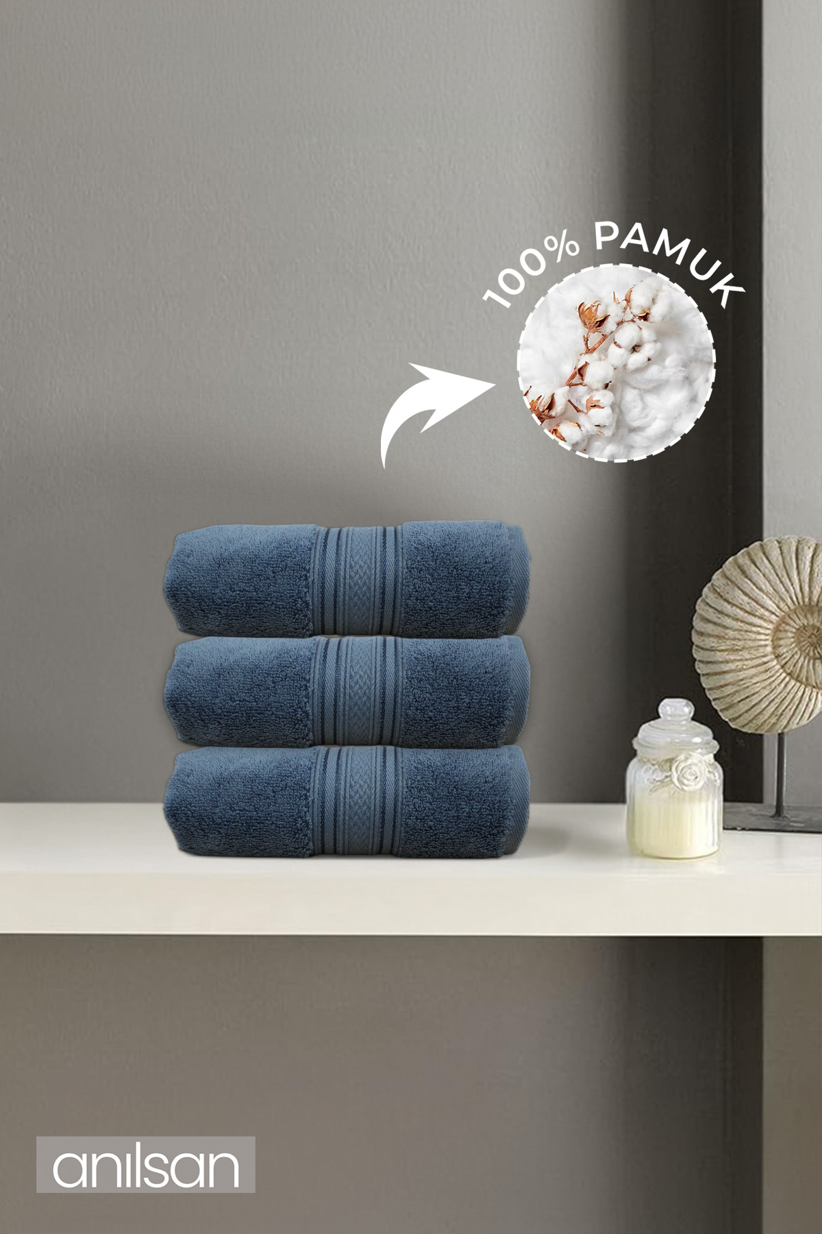 Anılsan 3'lü Lacivert Süper Soft El Havlusu Seti - 50x90 Cm, 250 Gr, %100 Pamuk, Spa Ve Otel Havlusu