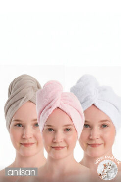 Anılsan %100 Pamuk Bej-Pudra-Beyaz Havlu Bone Saç Kurutma Bonesi Kafa Havlusu Duş Banyo Bonesi Islak Saç Kur