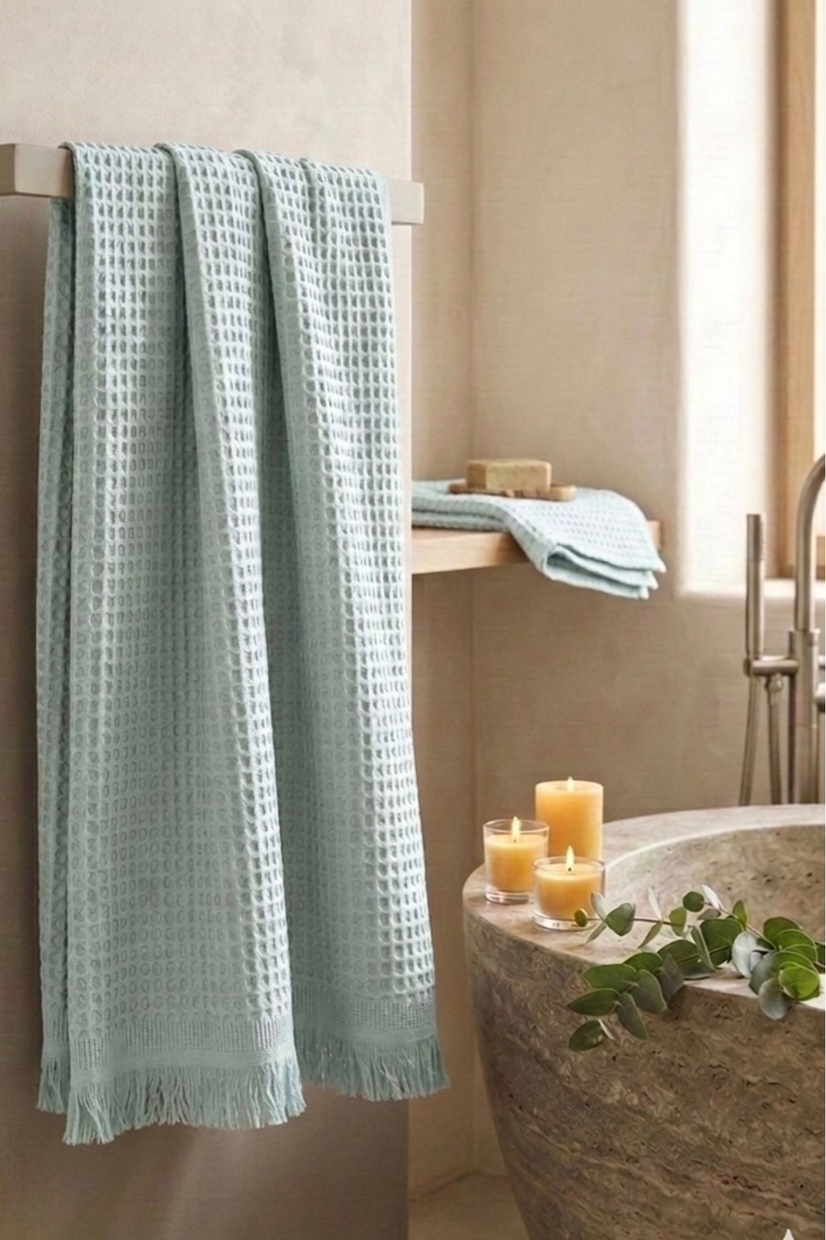 Nilteks %100 Pamuk Waffle Desenli Vücut Havlusu - Natural - 70x140 cm Banyo ve Plaj Havlusu Mint Yeşili - Görsel 2