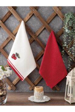 Sevim 2’li Mutfak Havlusu – Kırmızı Renk – Kiraz Nakışlı