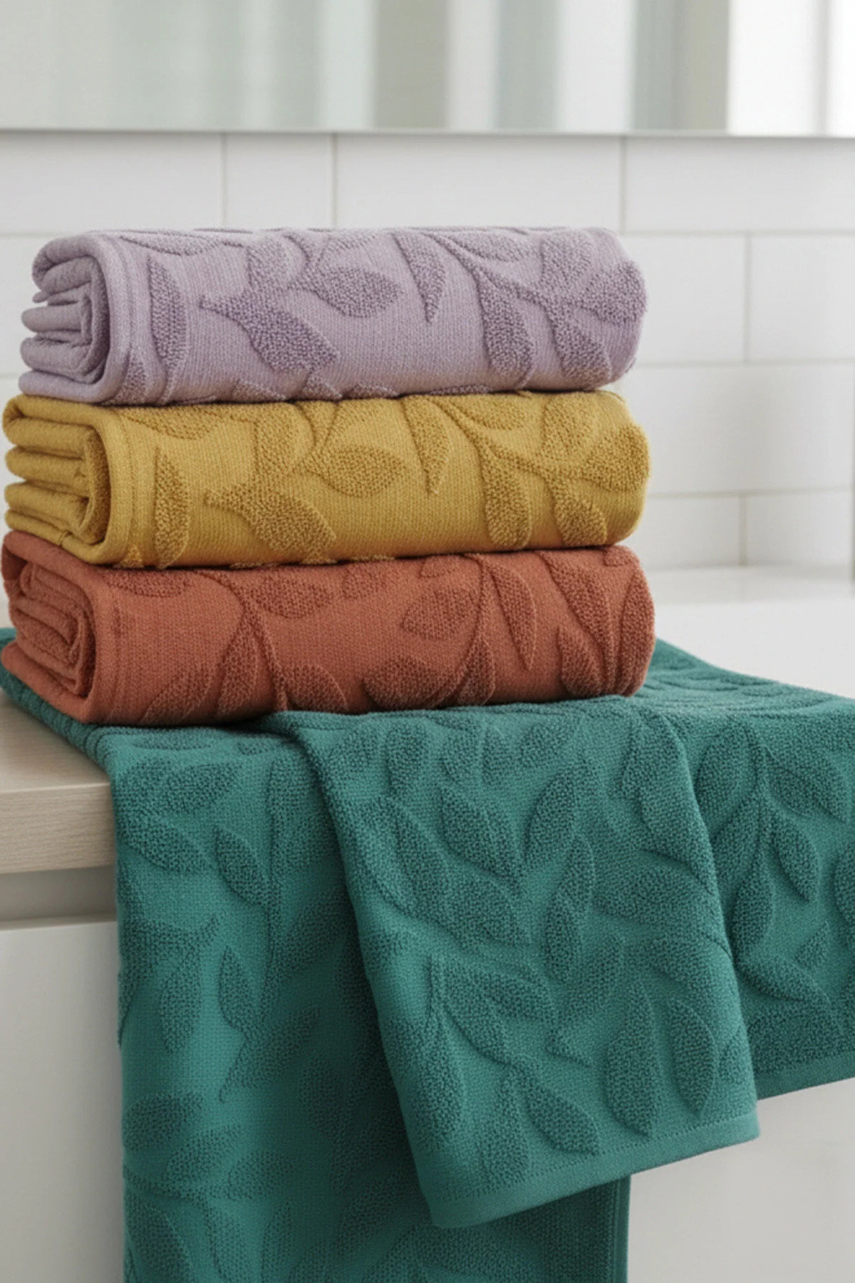 My Catherine 4’lü El ve Yüz Havlu Seti 50x90 cm - Yaprak Desen | 100 Pamuk | Jakarlı