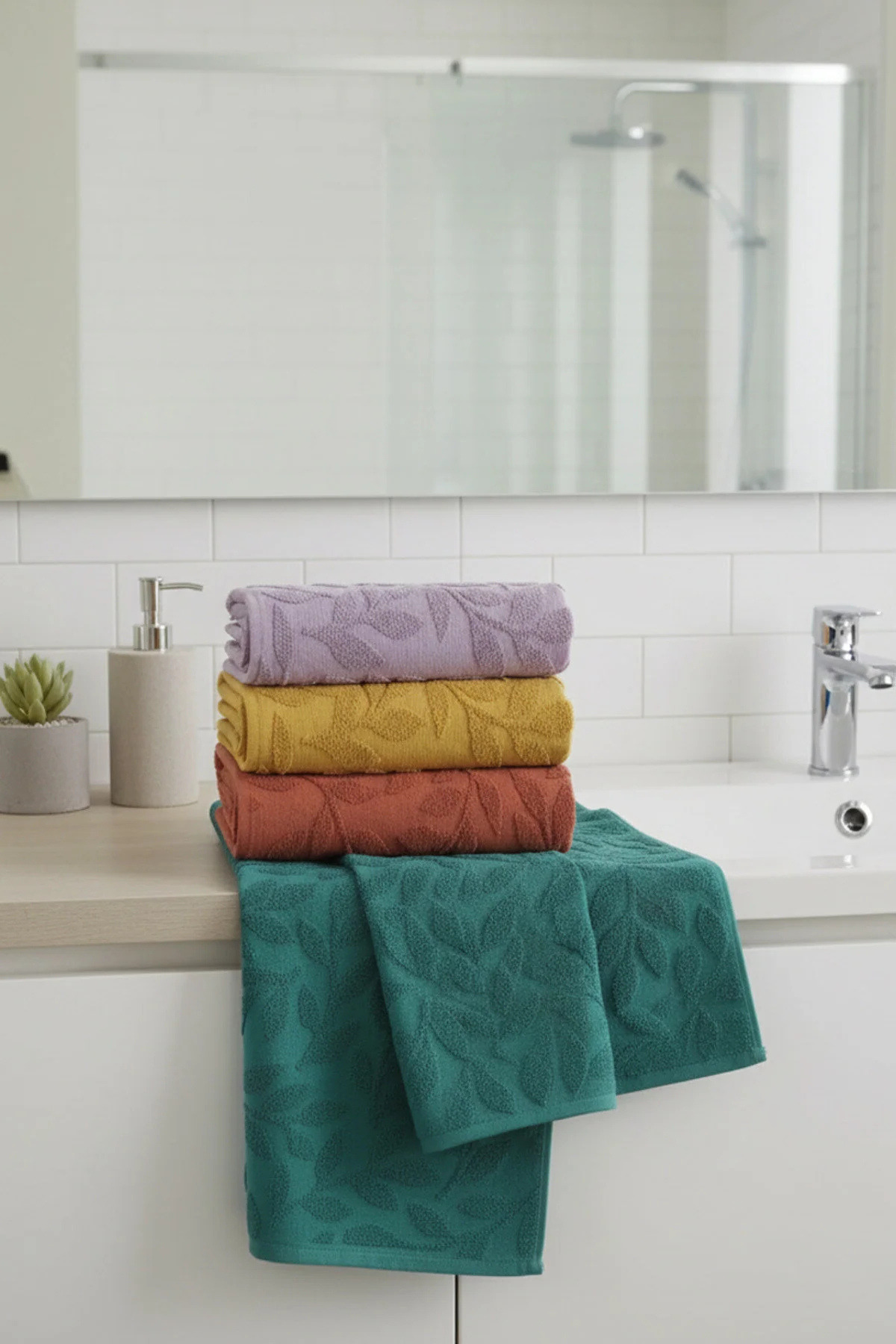 My Catherine 4’lü El ve Yüz Havlu Seti 50x90 cm - Yaprak Desen | 100 Pamuk | Jakarlı - Görsel 2