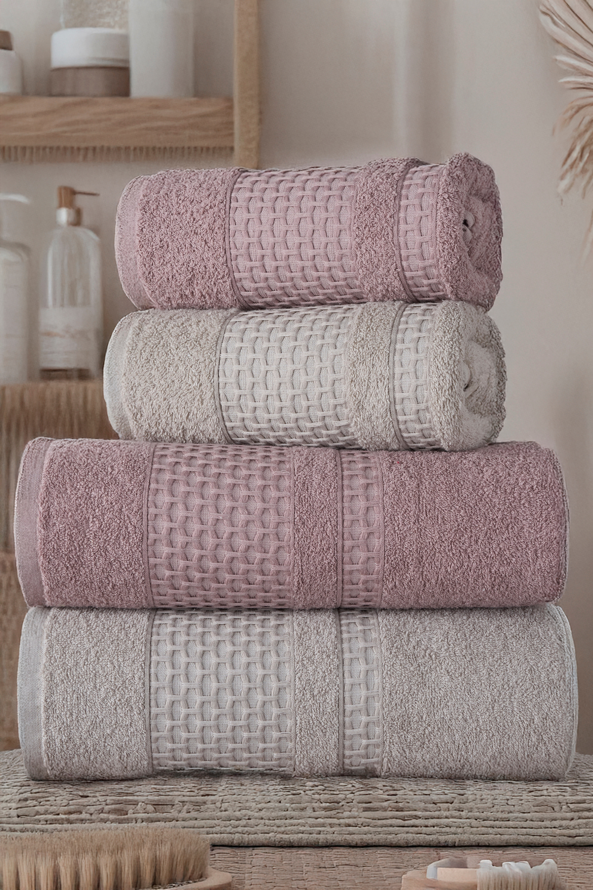 Miss Paris Home Petek 4'lü Banyo Havlu Seti Hamam Takımı 100% Pamuk