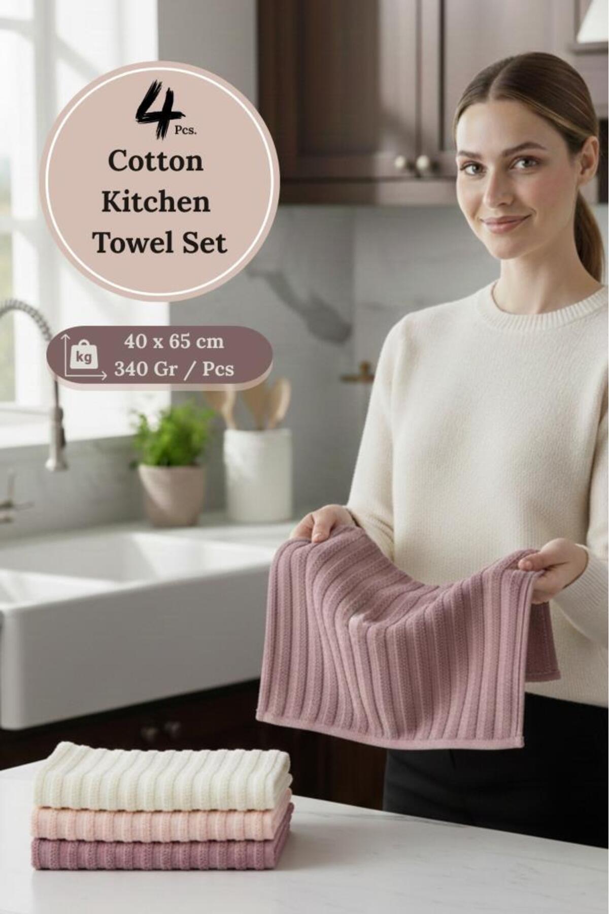 Karna Home Mutfak Havlu Şal Seti 4 lü Ramla SoftLine Çizgili Dokuma Renkli - 40x65 cm