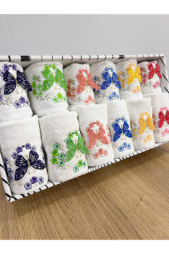 AYHANHOME 3d Kelebek Nakış Işleme Desenli Kutulu Çeyizlik Hediyelik 12'li 6 El Yüz & 6 Mutfak Havlu Seti