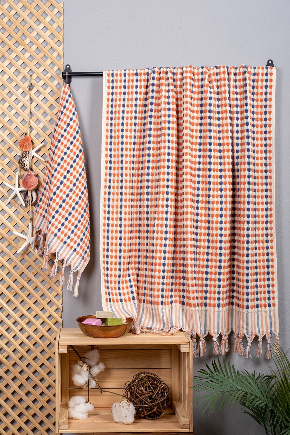 Arelina Textile Bubble Desen %100 Pamuk Turuncu - Mavi Banyo Havlu Seti - Görsel 3